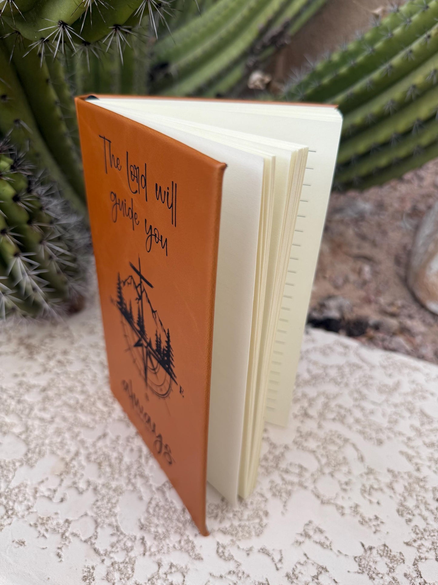 Engraved Leather Journal, The Lord Will Guide You Always Bible Verse Notebook