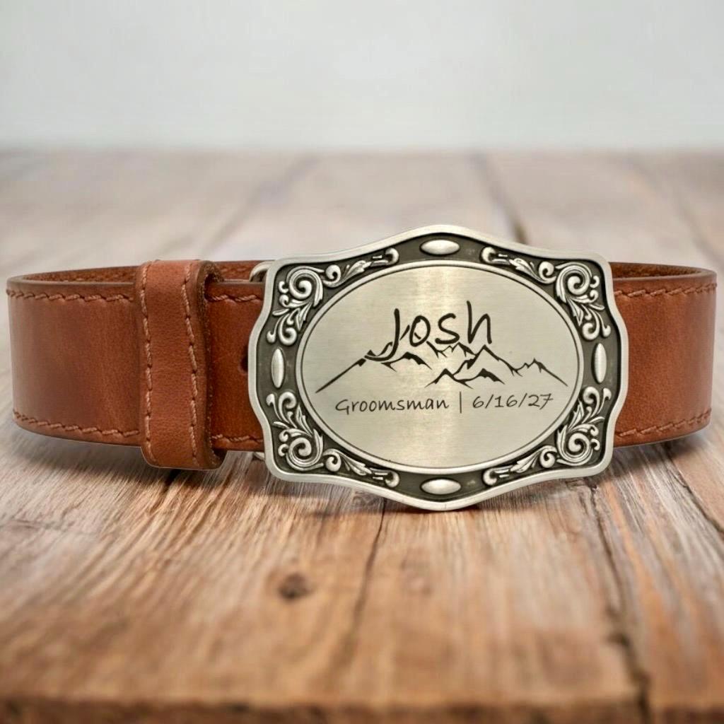 Personalized Western Belt Buckle, Custom Engraved Groomsman Best Man Wedding Gift
