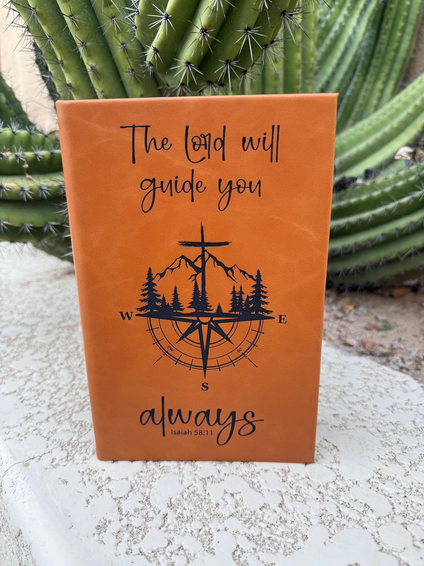 Engraved Leather Journal, The Lord Will Guide You Always Bible Verse Notebook