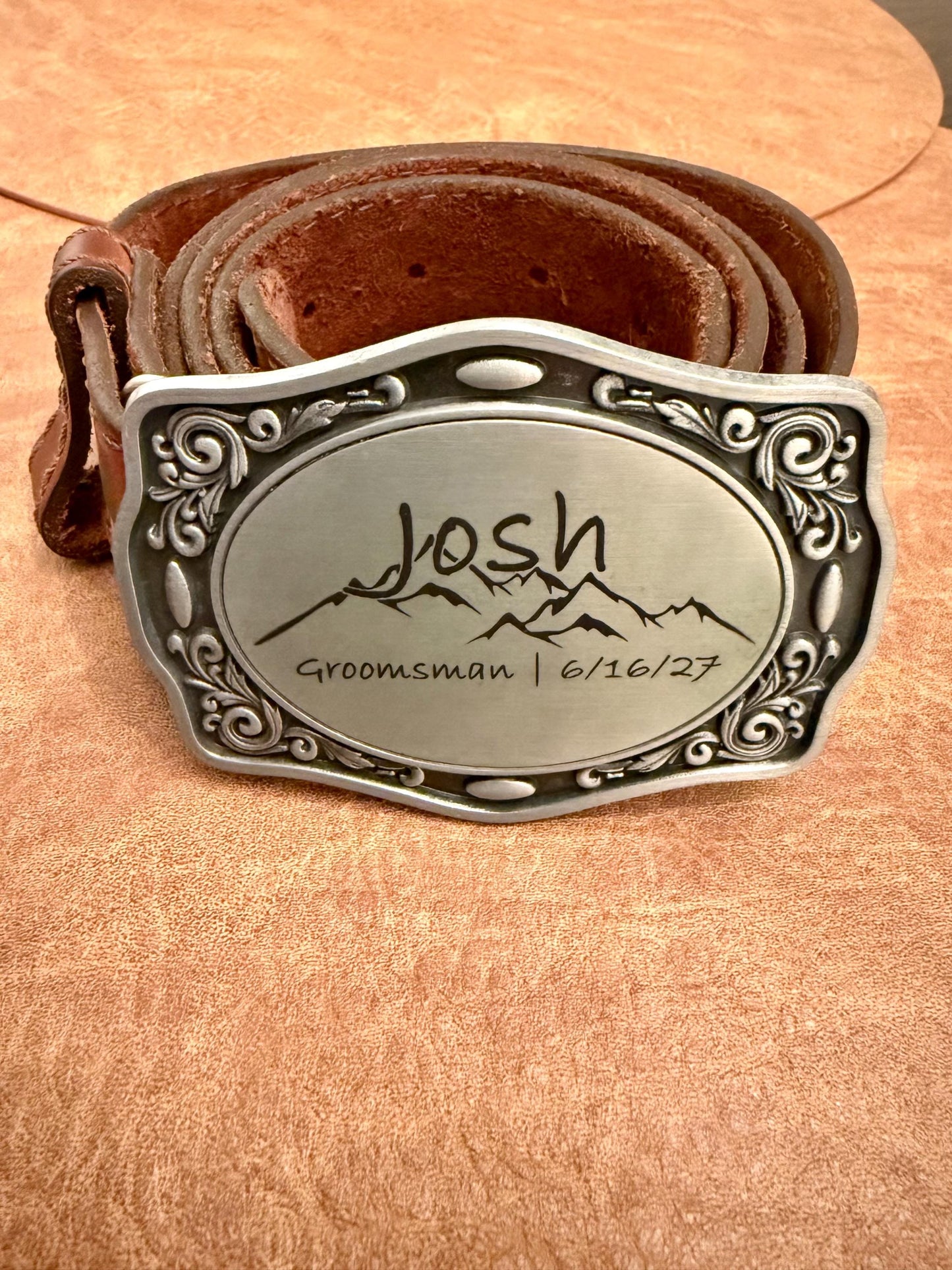 Personalized Western Belt Buckle, Custom Engraved Groomsman Best Man Wedding Gift