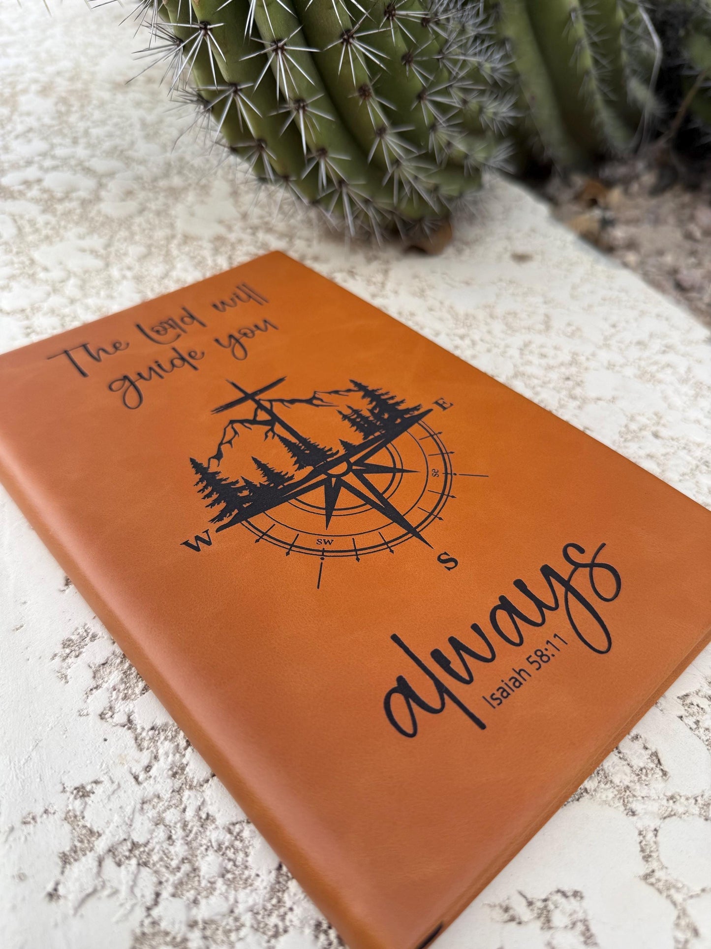 Engraved Leather Journal, The Lord Will Guide You Always Bible Verse Notebook